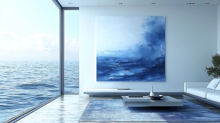 Fototapeta premium Breathtaking Ocean View from Minimalist Living Room with Contemporary Art