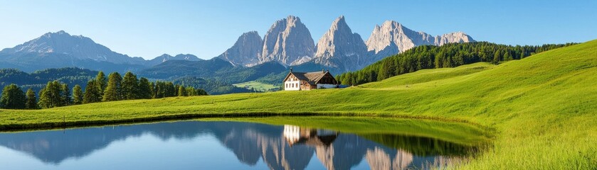 Fototapeta premium A stunning landscape featuring a tranquil lake, lush green fields, and majestic mountains under a clear blue sky.