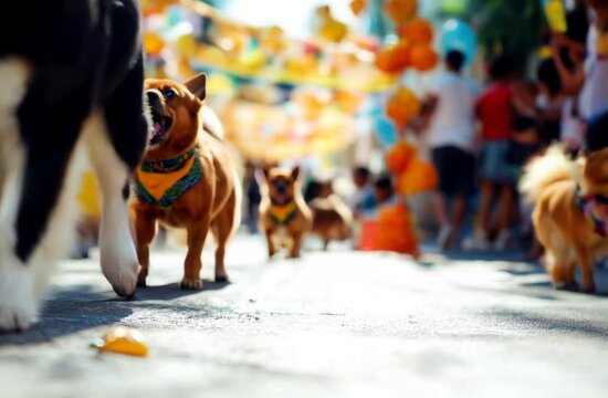 Dog Parade: A vibrant procession of dogs of various breeds and sizes, joyfully participating in a lively street parade.  The image captures the energy and fun of a pet-friendly event. 