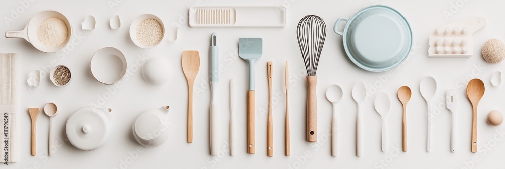 Poster a tidy set of kitchen utensils—spatulas, whisks, and small pots—neatly arranged on a white surface f