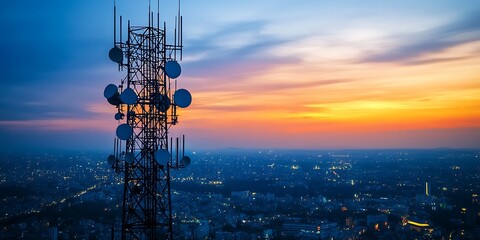 5g base station receiver on a telecommunication tower with network connections, , Generative Ai