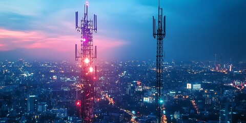 5g base station receiver on a telecommunication tower with network connections, , Generative Ai