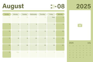 August 2025 calendar desk planner light green color modern design with space for your picture, weeks start on Sunday, vector illustration