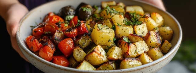 Vibrant roasted vegetable medley, seasoned with olive oil, colorful mix of seasonal produce, healthy and appetizing dish