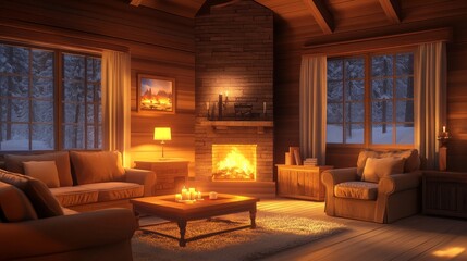 Fototapeta premium Cozy living room with a fireplace, warm lighting, and snowy scenery outside.