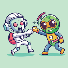 Obraz premium Cute Alien and Astronaut fighting vector illustration