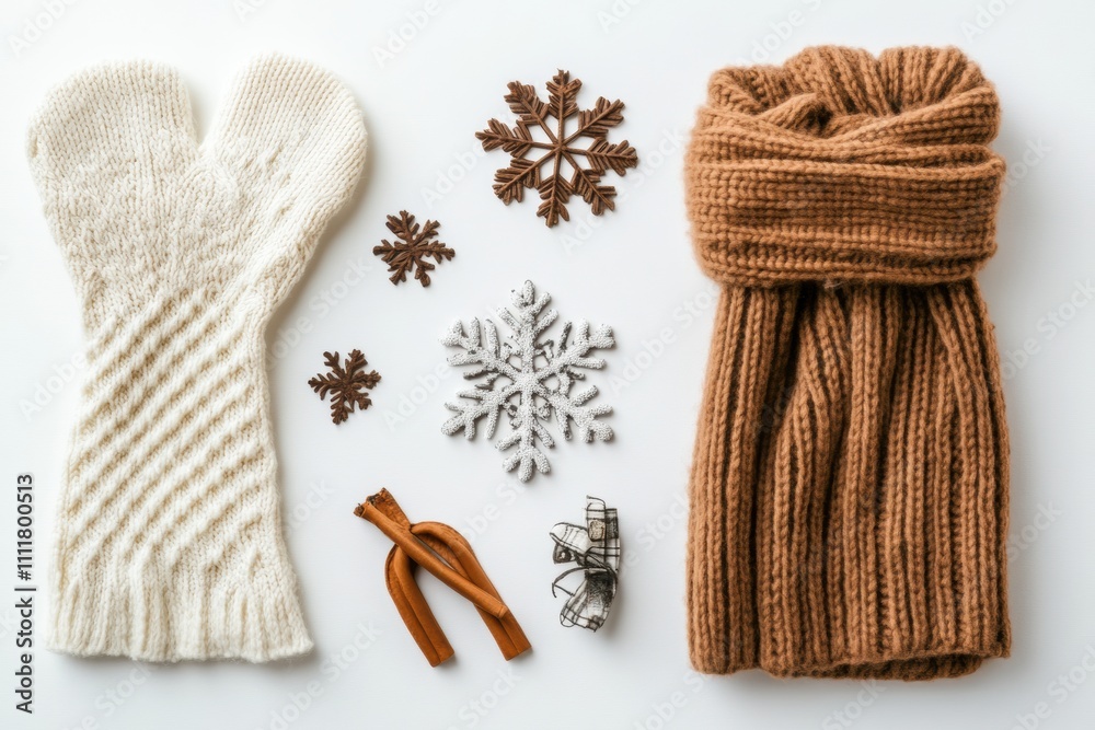 Poster Cozy winter accessories include warm gloves and a soft scarf against a white backdrop, perfect for adding your own message or design. Generative AI