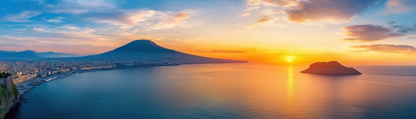 Fototapeta premium A stunning panoramic view of a sunset over a serene bay, featuring a prominent volcano and distant island, capturing the beauty of nature.