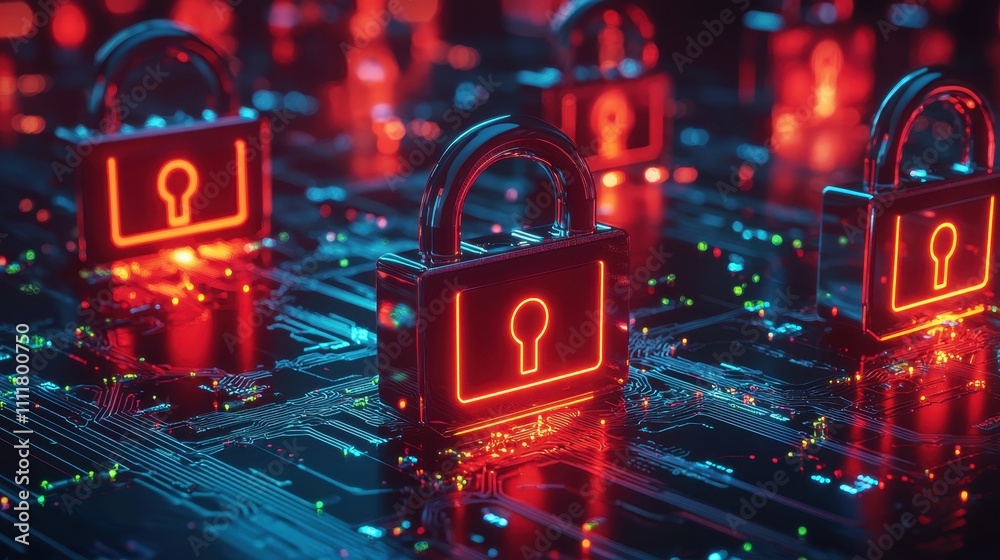 Poster futuristic high-tech concept of phishing attacks with data protection implementations