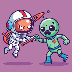 Fototapeta premium Cute Alien and Astronaut fighting vector illustration