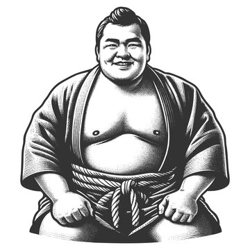 recommend clip art: cheerful sumo wrestler wearing a traditional mawashi, seated in a relaxed and confident pose sketch engraving generative ai raster illustration. Scratch board imitation. Black and white image.