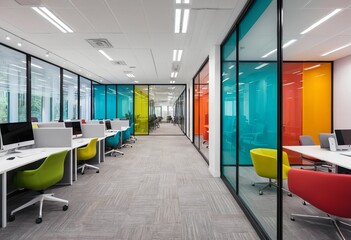 Bright corridor with glass wall offices and study room