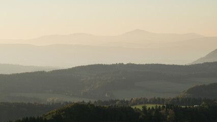 View from the Teplice-Adršpašská rock on the Giant Mountains and surroundings, autumn, Czech Republic.