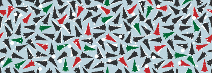 Christmas pattern, many Christmas trees stacked on a snowy background. Seamless pattern.