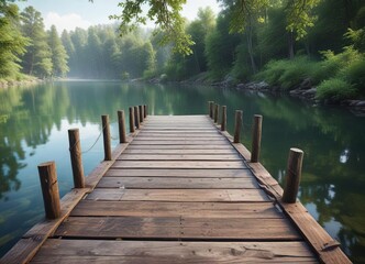 Soft focus of a rustic wooden bridge over a serene lake, mist, wood