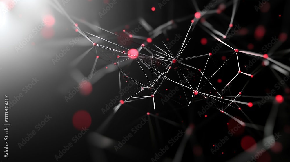 Poster intricate network of lines and points representing molecular connections in a digital black and red 