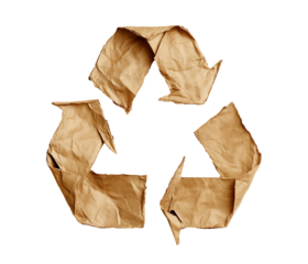 recycle symbol made of Kraft paper, eco icon, torn rough paper folded in recycling icon shape. cutout png