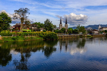 Background of the tourist attractions along the Chanthaburi River, a beautiful old Christian...