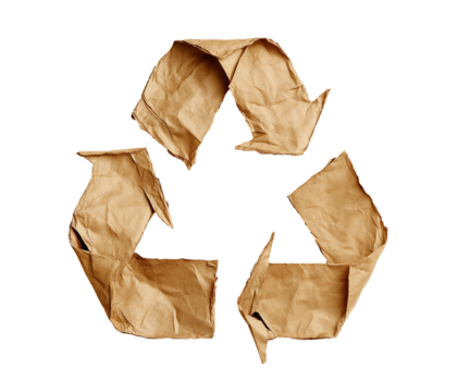 recycle symbol made of Kraft paper, eco icon, torn rough paper folded in recycling icon shape. cutout png