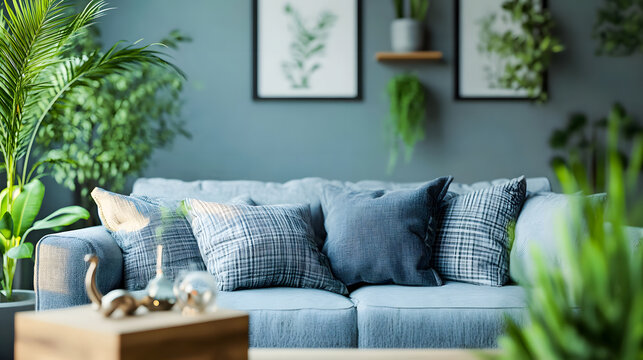 Scandinavian living room interior with a grey sofa, wooden coffee table and orange pillows near a cabinet against a white wall, interior mock up