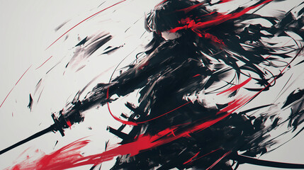 A silhouette of an anime girl with long hair, swinging her sword in the air