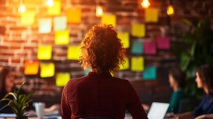 Creative woman facilitating design meeting with colorful notes