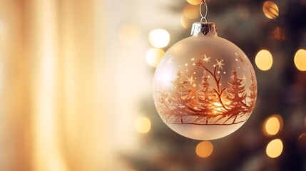 Merry Christmas engraved on a frosted glass ornament hanging with festive lights reflected on its shimmering surface creating a cozy and magical winter holiday atmosphere