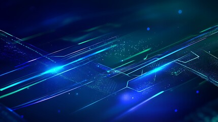 Obraz premium Abstract blue and green futuristic background with glowing lines and digital particles for technology design