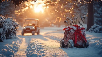 A festive golf bag filled with clubs wrapped in holiday ribbons, resting in the snow next to a frosted golf cart adorned with Christmas garlands 