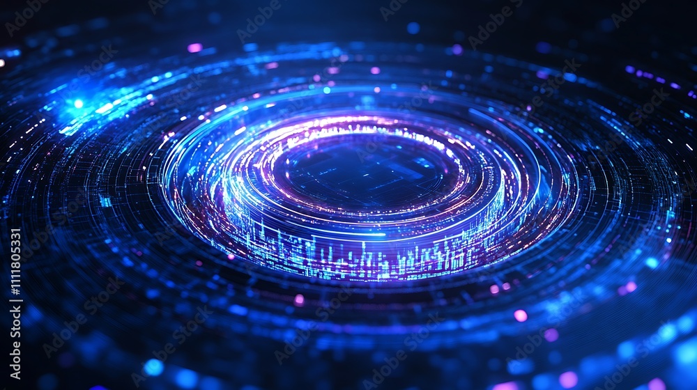 Aufkleber Abstract Blue and Purple Circular Light Pattern with Glowing Particles and Digital Background for Creative Projects