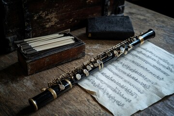 Wooden table, flute, music sheet, cleaning cloth, reeds.