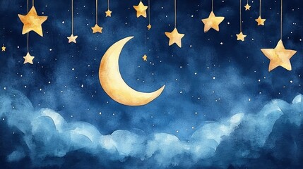 A serene nighttime scene featuring a crescent moon and hanging stars against a blue background.