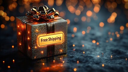 Festive Gift Box with  Free Shipping  Label on Sparkling Background