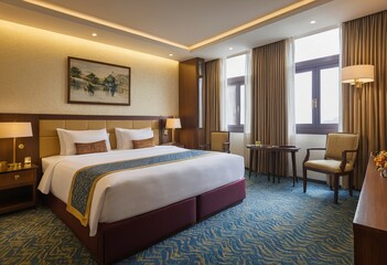 Modern loft style bedroom with a trendy bed and hanging chair Interior of a double bed hotel bedroom in the morning Elegant and comfortable home & hotel bedroom interior.
