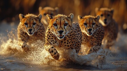 A group of agile cheetahs on the hunt in the African savannah