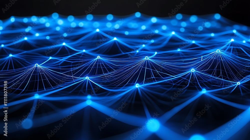 Poster abstract blue wave network connection with illuminated points and lines, digital technology backgrou