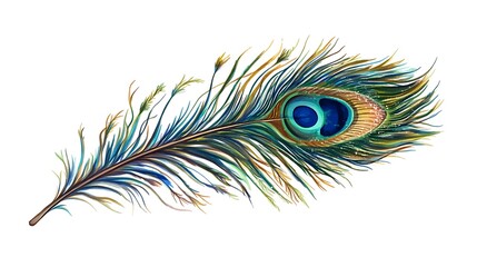 A Single Vibrant Peacock Feather Isolated on White