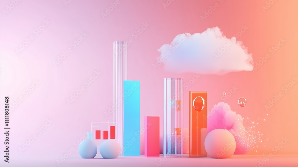Poster colorful 3d abstract graph and shapes representing data trends and analysis in a creative minimalist