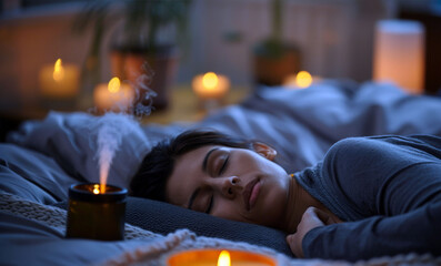 woman sleeps soundly in her bed with aromatherapy diffusers on her nightstand.  atmosphere to improve sleep quality. Sleep hygiene concept.