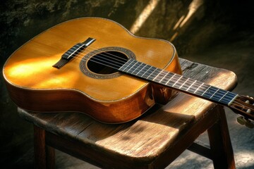 Obraz premium Acoustic guitar rests on weathered wooden stool.