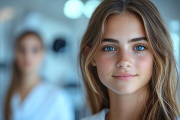 Obraz premium Teen Girl Portrait Freckles Blue Eyes Closeup Youthful Beauty Natural Look Smiling Happy Confident