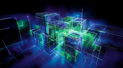 Obraz premium Abstract Digital Cityscape with Neon Lights and Geometric Shapes in Futuristic Style