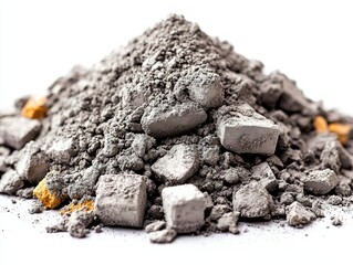 Pile of gray cement chunks with yellow accents, industrial construction material close-up, rugged texture, building supplies, raw materials, durable elements, renovation resources