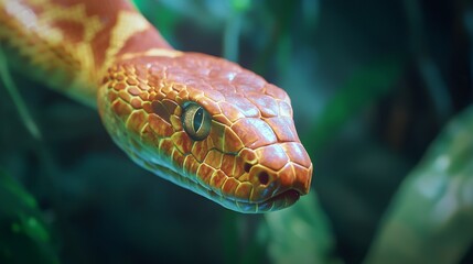 Fototapeta premium Close-Up of a Vivid Orange and Brown Snake Gliding Through Lush Green Foliage in a Serene Natural Habitat