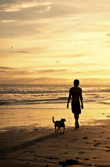 a young man walking on a beach with his dog and watching the sunset