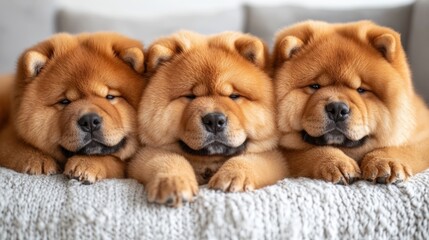 Three chow chow puppies lying close together on a cozy blanket, fluffy adorable dogs, cute pets, animal companionship, loyal breeds, heartwarming puppy portrait, indoor photography