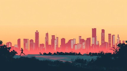 Obraz premium Silhouetted Skyscrapers and Vibrant Sunset in Bustling Urban Cityscape