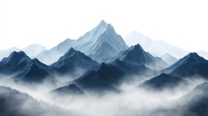 Misty mountain peaks in a serene landscape, dramatic atmospheric depth, layered silhouettes, wilderness nature scenery, tranquil foggy view, high-definition photography of mountain ranges