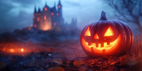 Obraz premium Enchanted Halloween Night: Glowing Jack-o'-lantern before a Mysterious Castle