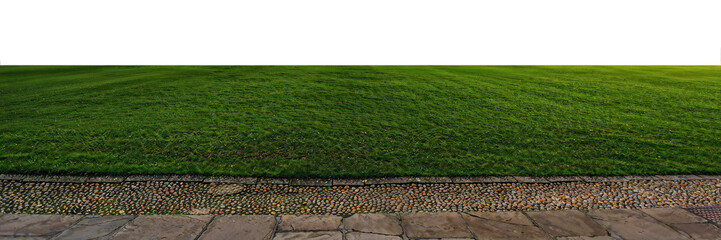 fresh green grass field with old stone tiles sidewalk isolated transparent png